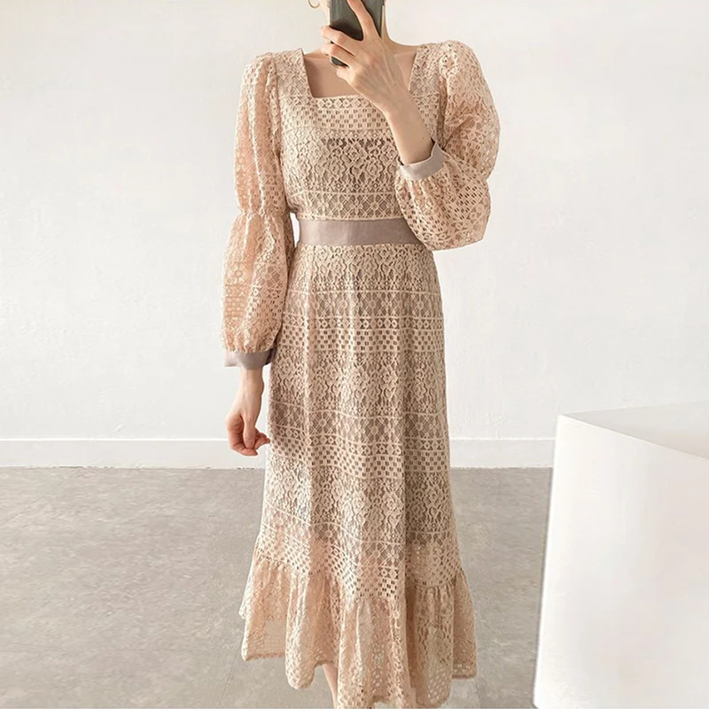 Chic Lace Dress For Women Spring Autumn Elegant Square Neck Puff Sleeve Long Dress Lady Floral Vestidos
Chic Lace Dress For Women Spring Autumn Elegant Square Neck Puff Sleeve Long Dress Lady Floral Vestidos