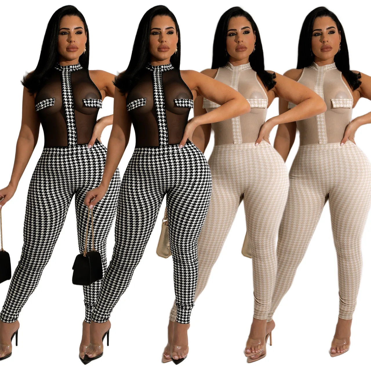 Women's Elegant Sleeveless Plaid Jumpsuit Sexy Sheer Bodysuit Trousers Houndstooth Stretch Pencil Pants Fashion Women Clothing
Women's Elegant Sleeveless Plaid Jumpsuit Sexy Sheer Bodysuit Trousers Houndstooth Stretch Pencil Pants Fashion Women Clothing