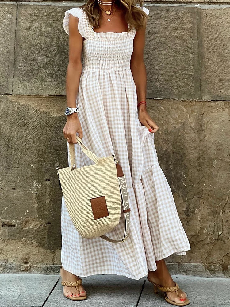 Summer Boho Plaid Dresses Women Square Neck Sleeveless Backless Beach Dress Ladies Vintage Elegant Casual Pleated Long Dresses
Summer Boho Plaid Dresses Women Square Neck Sleeveless Backless Beach Dress Ladies Vintage Elegant Casual Pleated Long Dresses