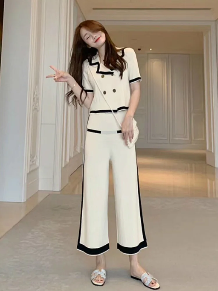 Autumn Women's Sets New Turn Down Collar Short Sleeve Double-breasted Knitted Cardigan Top + Wide Leg Pants Suits Two Pieces Set
Autumn Women's Sets New Turn Down Collar Short Sleeve Double-breasted Knitted Cardigan Top + Wide Leg Pants Suits Two Pieces Set