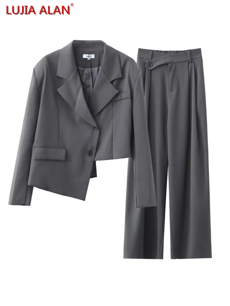 

New Women's Chic Design Flap Pockets Long Sleeve Asymmetric Casual Suit Loose Coat+High Waist Wide Leg Trousers LUJIA ALAN C1656
