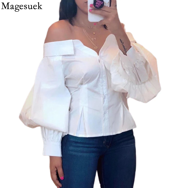 Spring Long Sleeve Ladies White Shirt Bat Sleeve Sexy Off Shoulder Blouse Women Top Fashion Stitching Slim Summer Blouse 18682
Spring Long Sleeve Ladies White Shirt Bat Sleeve Sexy Off Shoulder Blouse Women Top Fashion Stitching Slim Summer Blouse 18682