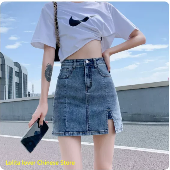 

Stretch denim skirt for summer Women's high waist, leakproof A-line skirt culotte A Short skirts with a slit covering the hips