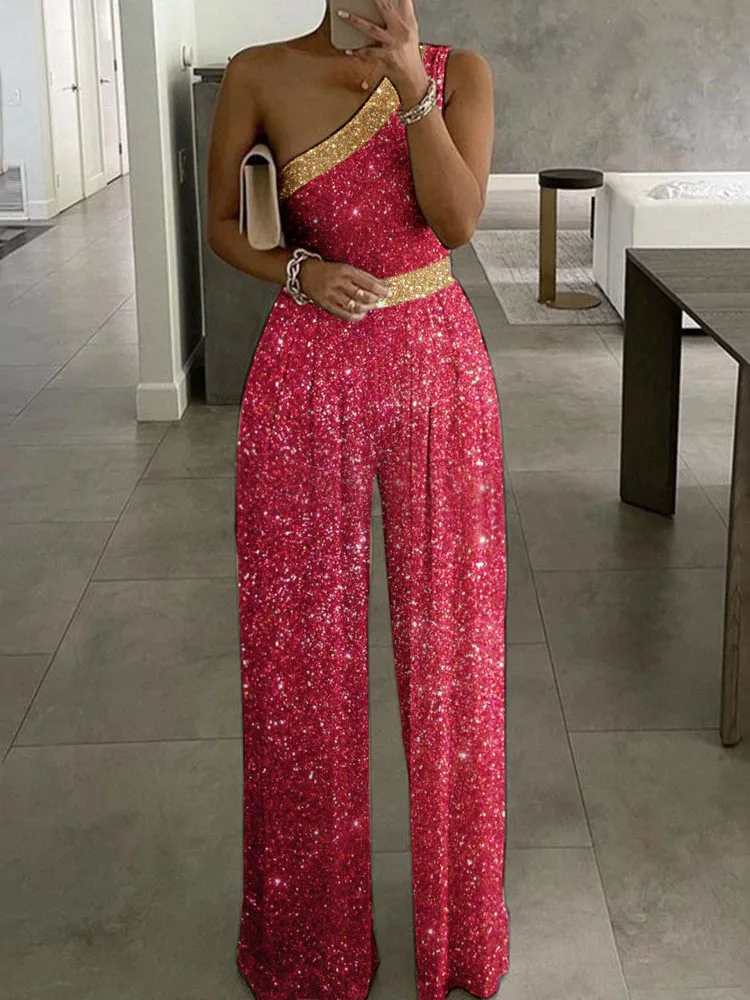 Ladies Elegant Sequin Patchwork Jumpsuits Summer Fashion Skew Collar Playsuits Women Chic High Waist Wide Leg Pants Rompers
Ladies Elegant Sequin Patchwork Jumpsuits Summer Fashion Skew Collar Playsuits Women Chic High Waist Wide Leg Pants Rompers