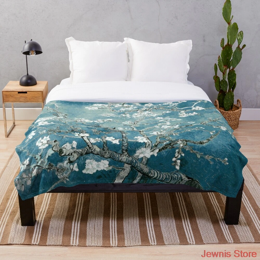 

Vincent Van Gogh Almond Blossoms Teal Elegance Blanket Print on Demand Decorative Sherpa Blankets for Sofa bed Gift