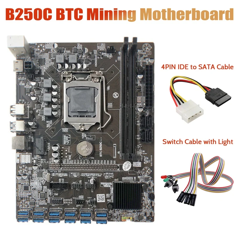 B250C Miner Motherboard+Dual Switch Cable With Light+4PIN IDE To SATA Cable 12 PCIE To USB3.0 Graphics Card Slot LGA1151
B250C Miner Motherboard+Dual Switch Cable With Light+4PIN IDE To SATA Cable 12 PCIE To USB3.0 Graphics Card Slot LGA1151