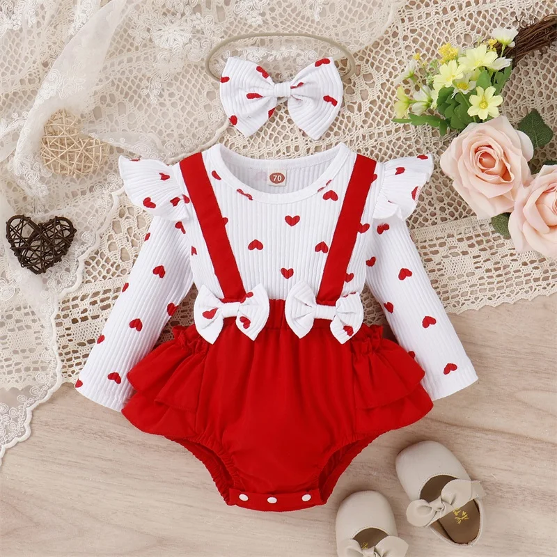 

Valentine's Day Girls Romers Clothes Ribbed Heart Print Ruffles Long Sleeve Bowknot Jumpsuits Headband For Newborn Baby Clothing