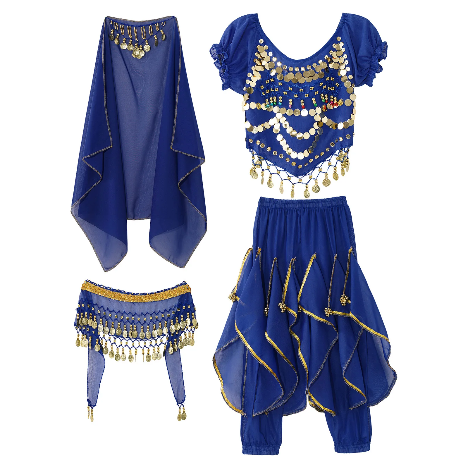 Kids Girls Belly Dance Suits 4PCS Lace-up Back Puff Sleeve Crop Top with Ruffled Pants And Hip Scarf Headscarf for Theme Party
Kids Girls Belly Dance Suits 4PCS Lace-up Back Puff Sleeve Crop Top with Ruffled Pants And Hip Scarf Headscarf for Theme Party