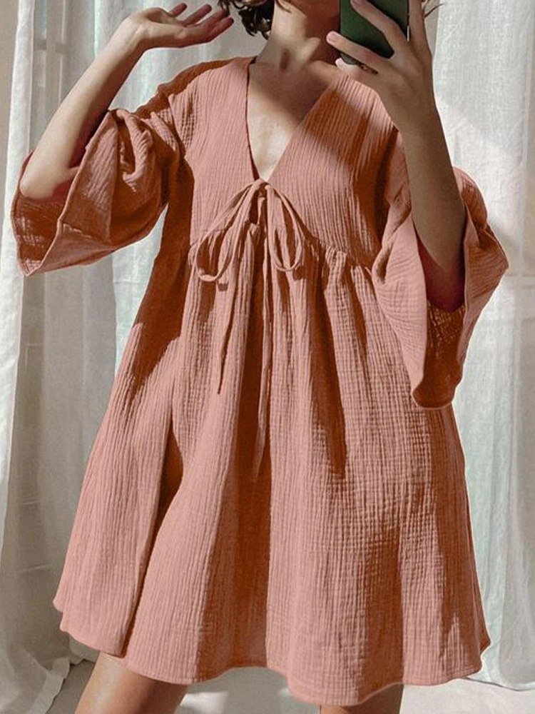 100% Cotton Short Dresses Women Summer Casual Loose Half Sleeve V Neck Sleepwear Fashion Comfortable Lace Up Homewear Pajamas 
100% Cotton Short Dresses Women Summer Casual Loose Half Sleeve V Neck Sleepwear Fashion Comfortable Lace Up Homewear Pajamas