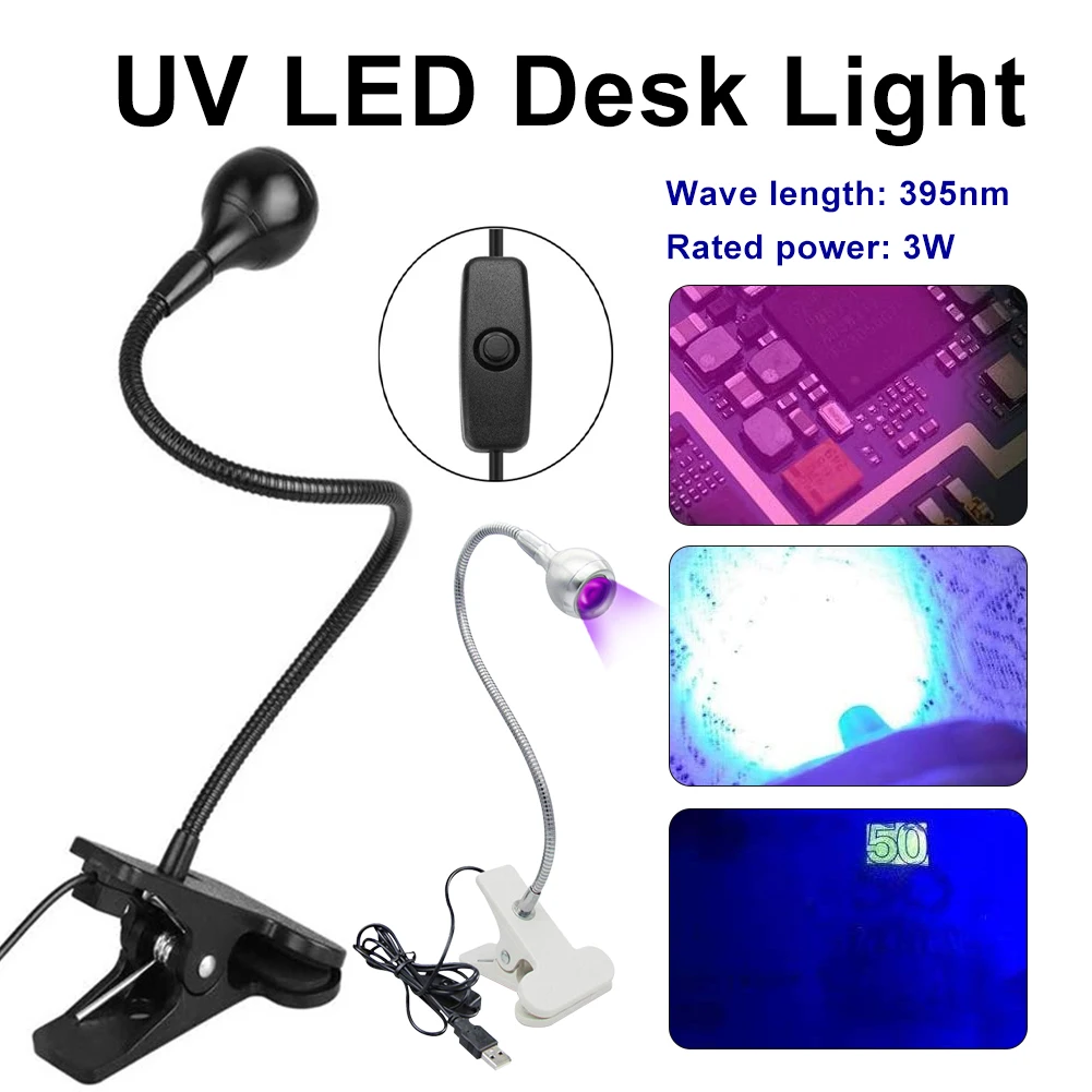 UV LED Desk Light 3W LED USB Lamp Bead UV Glue Ultraviolet Purple Light with Clip and Switch for Phone Repair UV Gel Curing Lamp
UV LED Desk Light 3W LED USB Lamp Bead UV Glue Ultraviolet Purple Light with Clip and Switch for Phone Repair UV Gel Curing Lamp