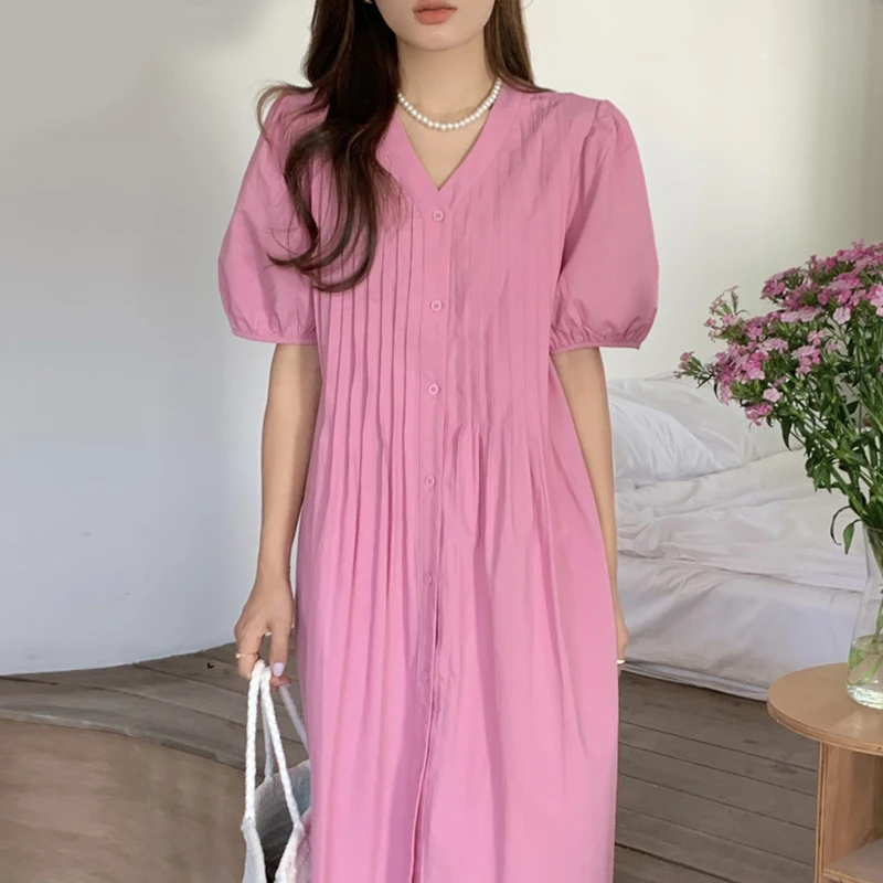 Clothland Women Elegant Pleated Shirt Dress V Neck Short Sleeve High Waist Korean Style Mid Calf Dresses Vestido QC561 
Clothland Women Elegant Pleated Shirt Dress V Neck Short Sleeve High Waist Korean Style Mid Calf Dresses Vestido QC561