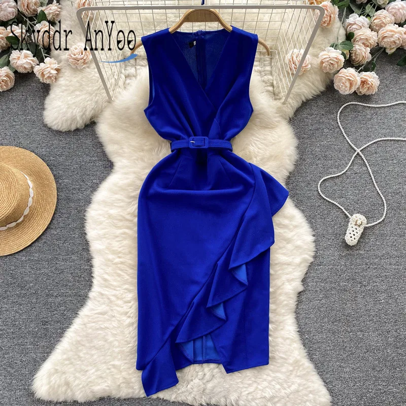 2023 Summer Women's Dress Vestidos V-Neck Sleeveless Blue Bodycon Party Dresses Ruffle Irregular Design Split Sexy New In Dress
2023 Summer Women's Dress Vestidos V-Neck Sleeveless Blue Bodycon Party Dresses Ruffle Irregular Design Split Sexy New In Dress