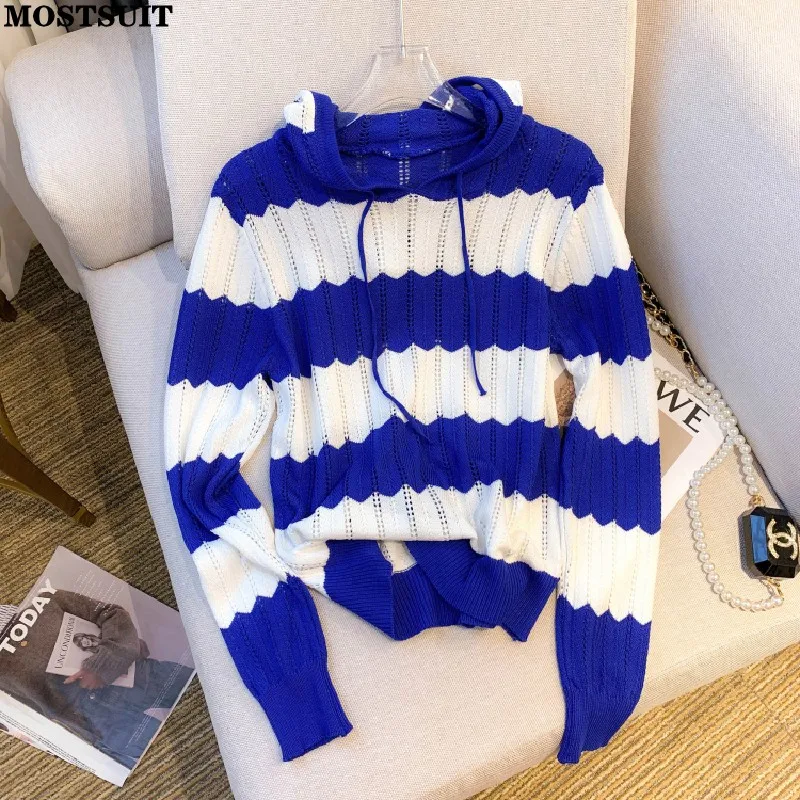 Hooded Wave Striped Thin Sweater Women Knitwear Pullover Spring Autumn Long Sleeve Hollow Casual Fashion Ladies Jumpers Tops
Hooded Wave Striped Thin Sweater Women Knitwear Pullover Spring Autumn Long Sleeve Hollow Casual Fashion Ladies Jumpers Tops