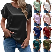 Elegant Womens Blouse Solid Tees 2023 Summer Lady Short Sleeve Satin Shirt Loose Casual Round Neck T-shirt Tops S-XXL