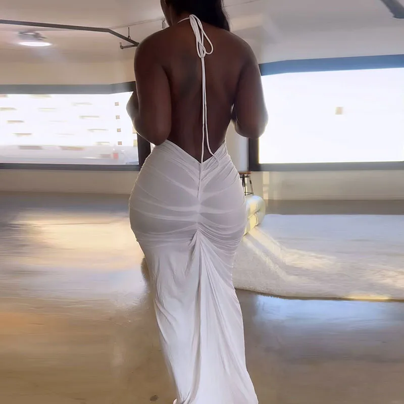 White Ruched Backless Long Dresses for Women Sleeveless Elegant Halter V-neck Evening Party Night Club Bodycon Maxi Dress Robes
White Ruched Backless Long Dresses for Women Sleeveless Elegant Halter V-neck Evening Party Night Club Bodycon Maxi Dress Robes
