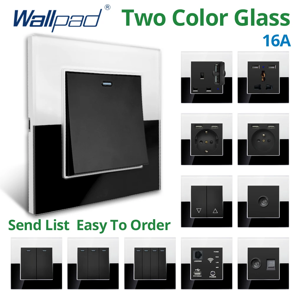

Wallpad White And Black Tempered Glass Panel Wall EU UK Electrical Outlets And Switches Dual USB Socket 1/2/3/4 Gang 1 2 3 Way