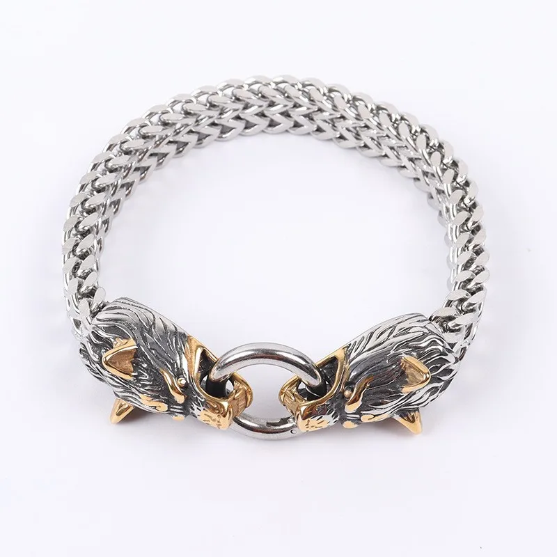 

Stainless Steel Bracelet Fashion Men's Titanium Steel Hip Hop Bracelet Nordic Domineering Wolf Head Viking Chain Bracelet