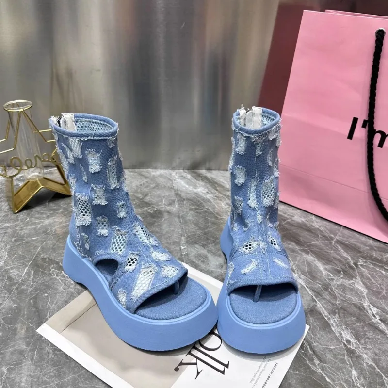 Summer Open Finger Short Boots Fashionable Perforated Women's Denim Mesh Boots Mid Sleeve Boots Cool Boots Platform Shoes
Summer Open Finger Short Boots Fashionable Perforated Women's Denim Mesh Boots Mid Sleeve Boots Cool Boots Platform Shoes