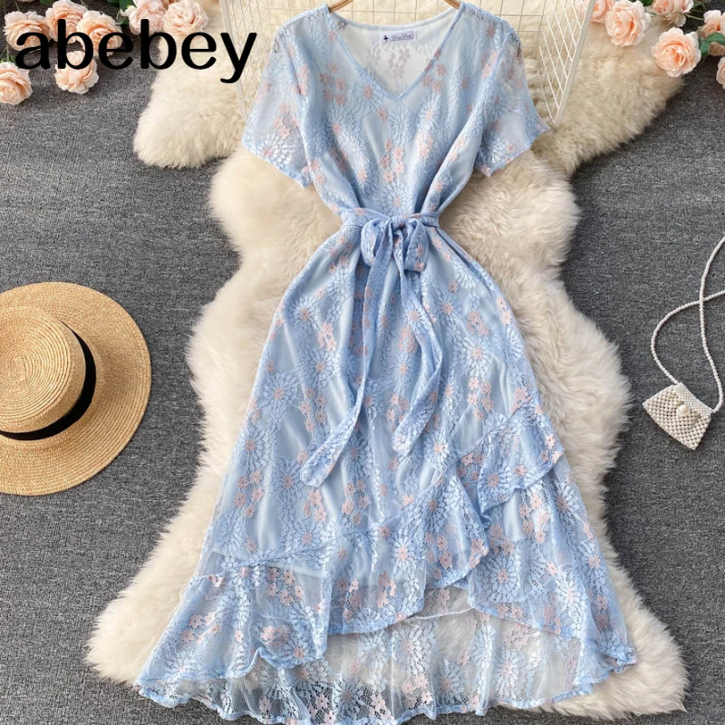 Women French Lace Dress Short Sleeve V Neck Sashes A-line Dresses 2022 Summer Elegant Ruffles Irregular Midi Sundress
Women French Lace Dress Short Sleeve V Neck Sashes A-line Dresses 2022 Summer Elegant Ruffles Irregular Midi Sundress