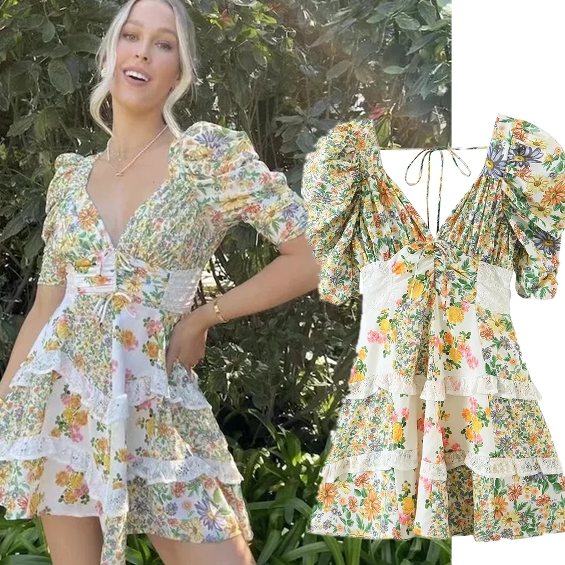 Elmsk Summer French Style Indie Folk Retro Lace Splicing Sexy V-neck Party Dress Cascading Fashion Mini Dress Women
Elmsk Summer French Style Indie Folk Retro Lace Splicing Sexy V-neck Party Dress Cascading Fashion Mini Dress Women