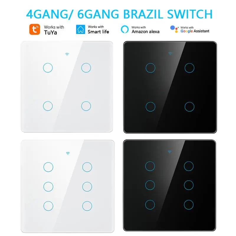 

Tuya WiFi Smart Switch Brazil Standard 4x4 Luxury Glass Panel Touch-Sensor4/6Gang Wall Switch Work With Alexa Google Home