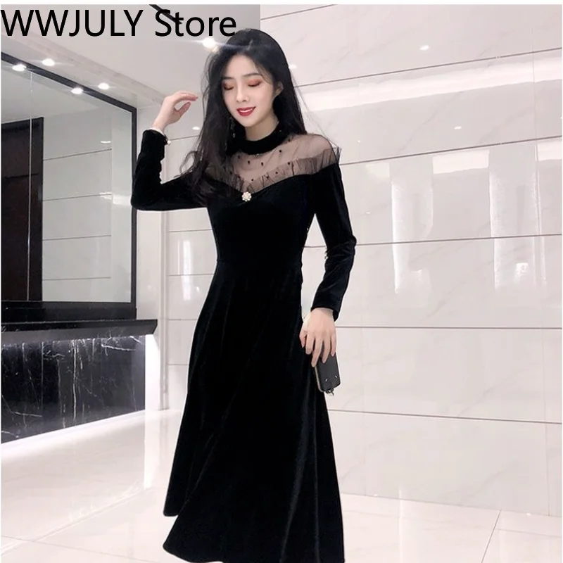 2021 Autumn Vintage Velvet Dress Women Lace Design Black Y2k Midi Long Sleeve Evening Party Korean Fashion | Женская одежда