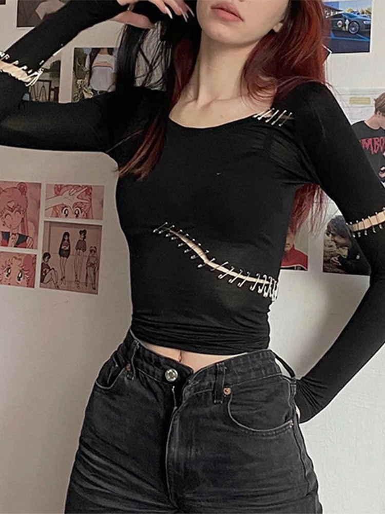 SEASONS Women Goth Cropped Tee Slit Pin Decoration Club Full Length Slim Black Pullovers Sexy Hollow Out Streetwear ASTS85419
SEASONS Women Goth Cropped Tee Slit Pin Decoration Club Full Length Slim Black Pullovers Sexy Hollow Out Streetwear ASTS85419
