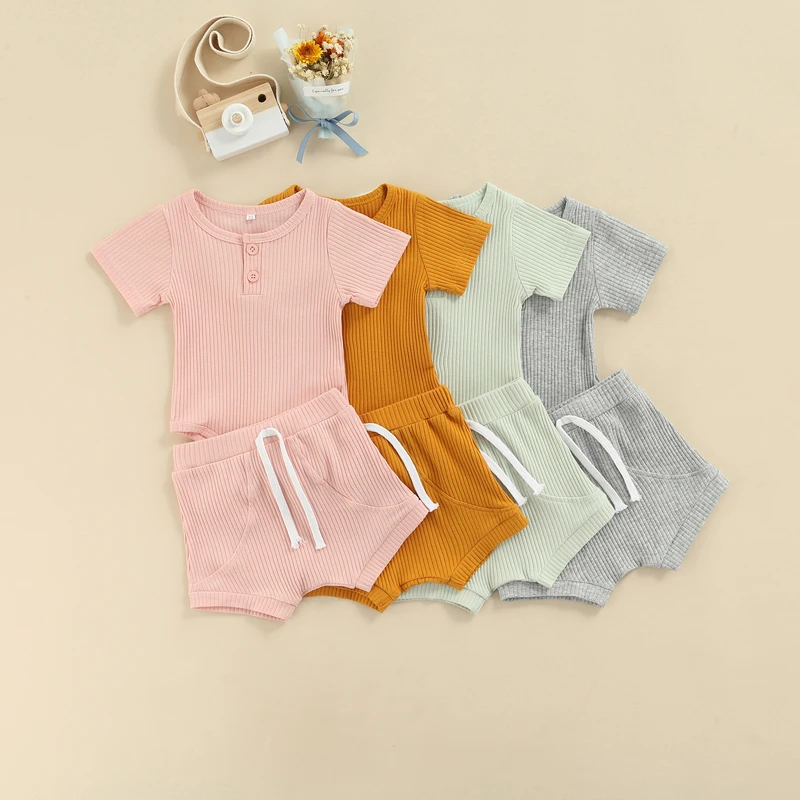 Baby Summer Clothes Ribbed Knit Two Pieces Set Short Sleeve Crew Neck Solid Color Rompers Elastic Waist Drawstring Shorts
Baby Summer Clothes Ribbed Knit Two Pieces Set Short Sleeve Crew Neck Solid Color Rompers Elastic Waist Drawstring Shorts