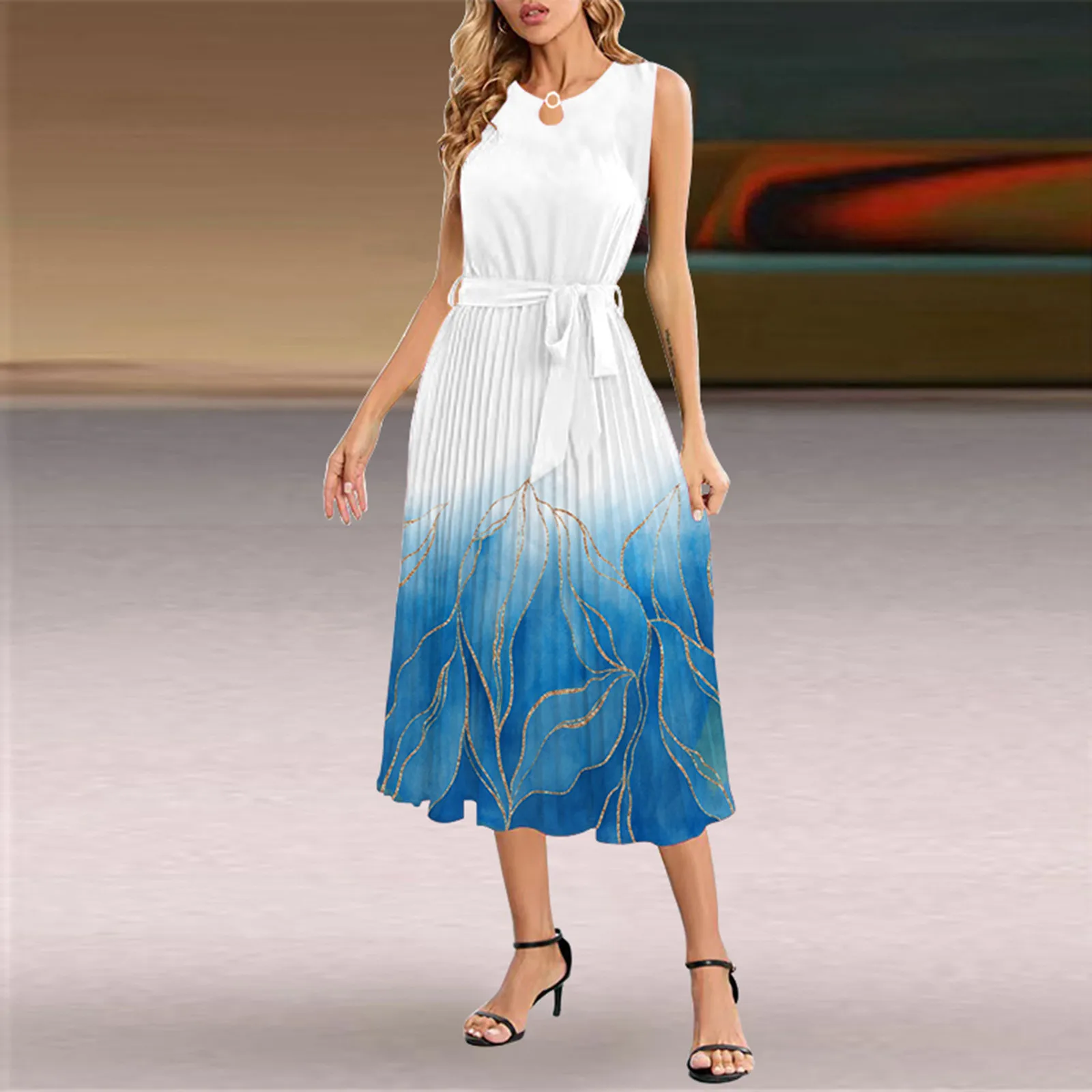 Silk Mid Length Dress Women Casual Print Dresses Summer Boho Wrap O Neck Sleeveless Party Flowy Pleated Dresses for Small Women
Silk Mid Length Dress Women Casual Print Dresses Summer Boho Wrap O Neck Sleeveless Party Flowy Pleated Dresses for Small Women