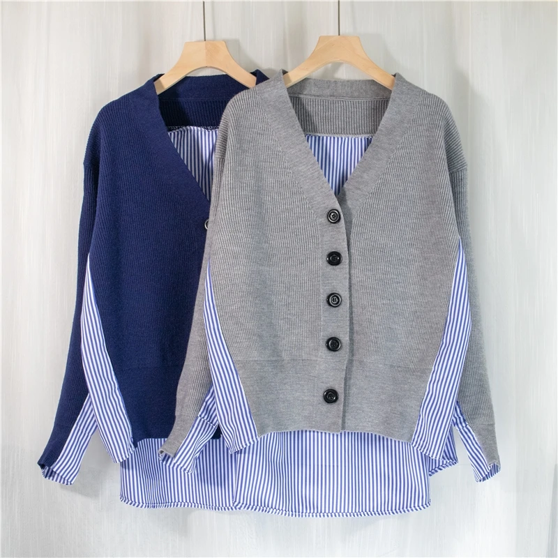 Woman Autumn Fashion Sweaters Women Patchwork Srtiped Knitting V-Neck Knitted Button Cardigans Loose Coats Blue Tops Mujer 2021
Woman Autumn Fashion Sweaters Women Patchwork Srtiped Knitting V-Neck Knitted Button Cardigans Loose Coats Blue Tops Mujer 2021