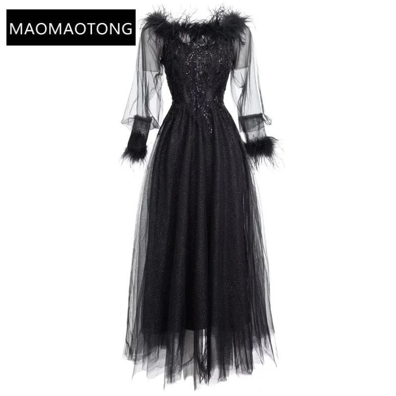 Fall Women's Dresses For Party 2022 Runway Autumn luxurious Black Mesh Slash Neck Long Sleeves Feathers Splicing Beading Dresses
Fall Women's Dresses For Party 2022 Runway Autumn luxurious Black Mesh Slash Neck Long Sleeves Feathers Splicing Beading Dresses