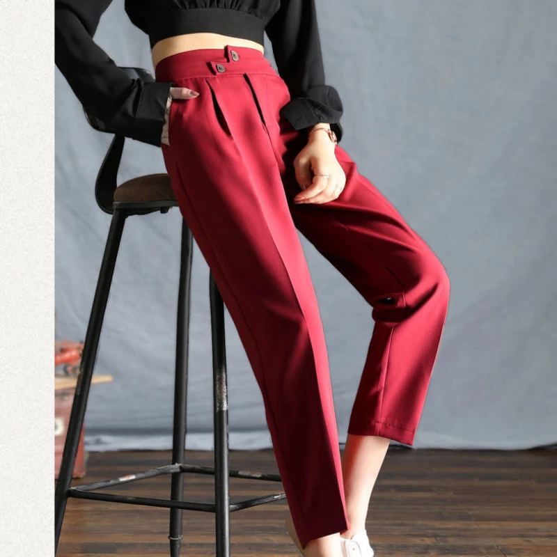 

Feiernan Red Harem Pants Women Ankle-length Pantsuit Simple Female High Waist Trousers Causal Baggy Wide Leg Straight Bottoms