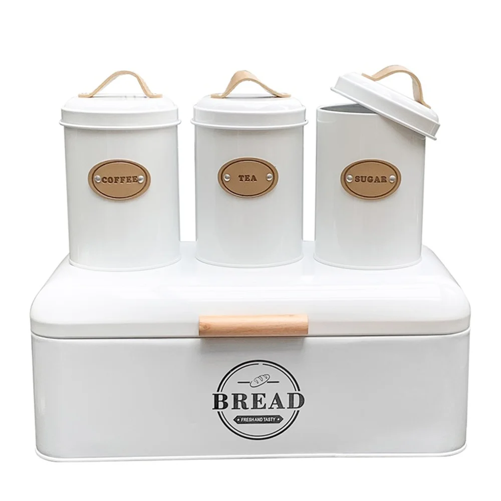 

White Large Bread Box with 3 Pieces Canisters Coffee Sugar Tea Set for Kitchen Counter top Metal Bin Farmhouse Kitchen Decor