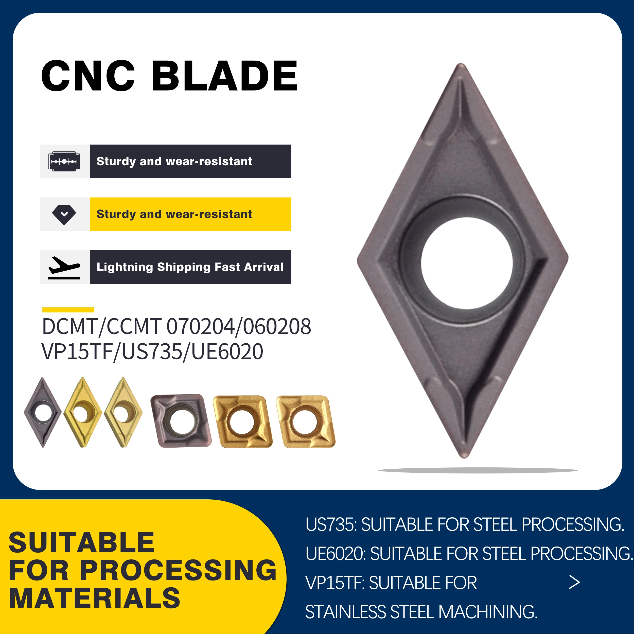 CCMT060204/060208 DCMT070204 DCMT070208 UE6020 VP15TF US735 CNC Lathe Tools Carbide Inserts High Quality Turning Cutting Blades
CCMT060204/060208 DCMT070204 DCMT070208 UE6020 VP15TF US735 CNC Lathe Tools Carbide Inserts High Quality Turning Cutting Blades