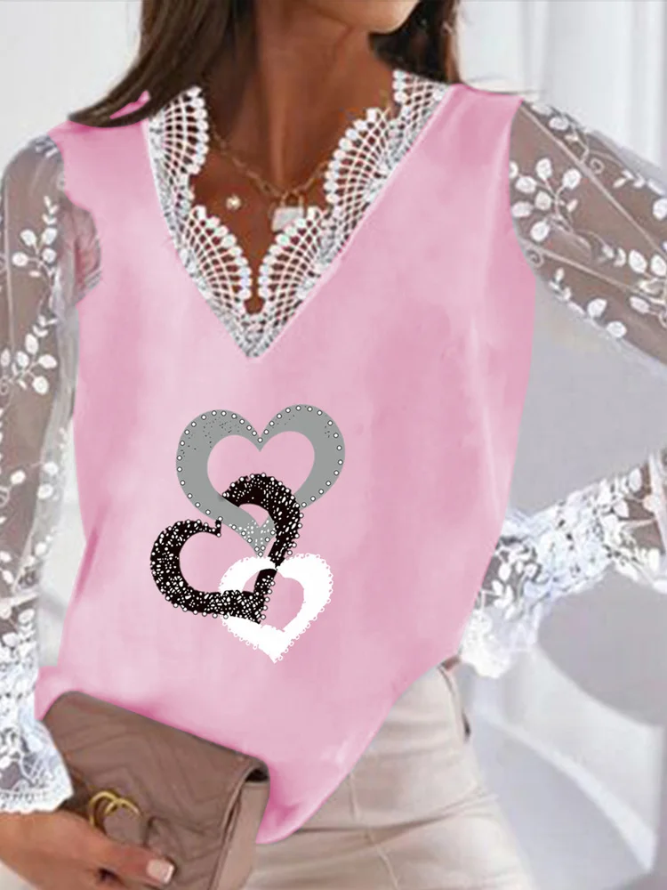 Fashion Sheer Mesh Print Long Sleeve Blouses Tops Women Hearts Pattern Pullover Blusa Casual Lace-V-Neck Patchwork Office Shirts
Fashion Sheer Mesh Print Long Sleeve Blouses Tops Women Hearts Pattern Pullover Blusa Casual Lace-V-Neck Patchwork Office Shirts