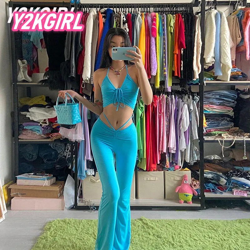 Y2KGIRL Sexy Bandage Co-ord Suits Streetwear 90s Fashion Drawstring Halter Tops High Waist Flare Pants Blue Elegant 2 Piece Set
Y2KGIRL Sexy Bandage Co-ord Suits Streetwear 90s Fashion Drawstring Halter Tops High Waist Flare Pants Blue Elegant 2 Piece Set