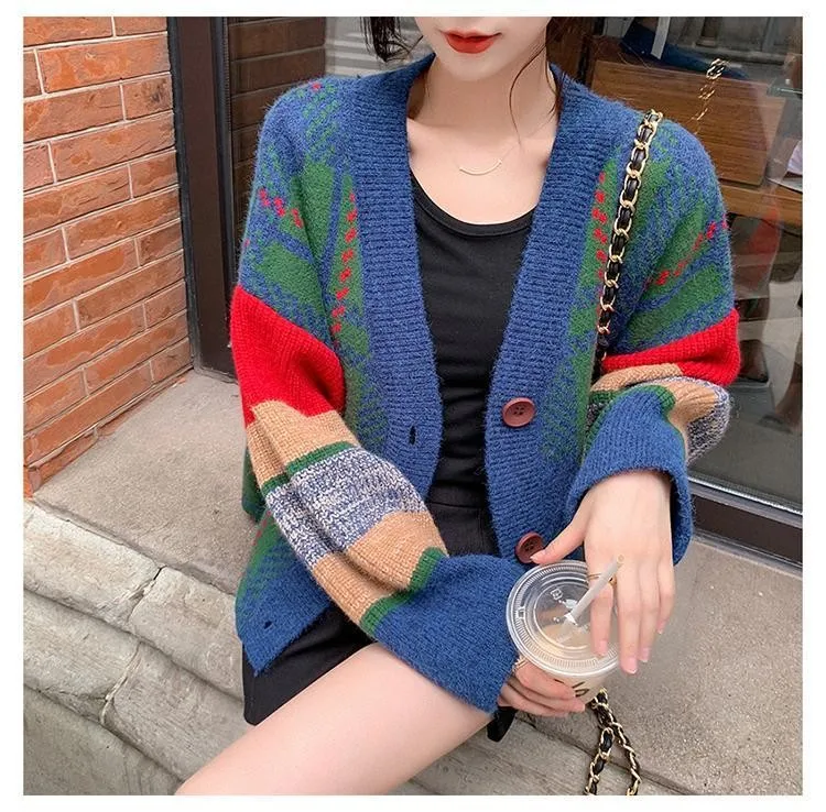 Women's Vintage V Neck Long Sleeve Cardigans Spring Autumn Plaid Single Breasted Sweater Jacket Lady Crop Loose Knitted Outwear
Women's Vintage V Neck Long Sleeve Cardigans Spring Autumn Plaid Single Breasted Sweater Jacket Lady Crop Loose Knitted Outwear