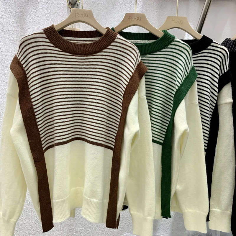Striped round neck stitching sweater women autumn and winter 2023 new Korean loose fake two-piece knitted top
Striped round neck stitching sweater women autumn and winter 2023 new Korean loose fake two-piece knitted top