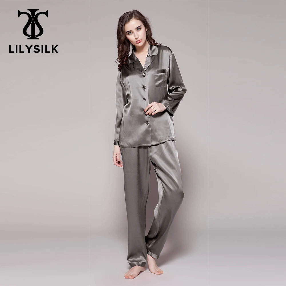 

LILYSILK Autumn Women 22 Momme Silk Pajama Set Femme Plain 2 Pieces Button Front Home Pants Suits Ladies Overalls Free Shipping