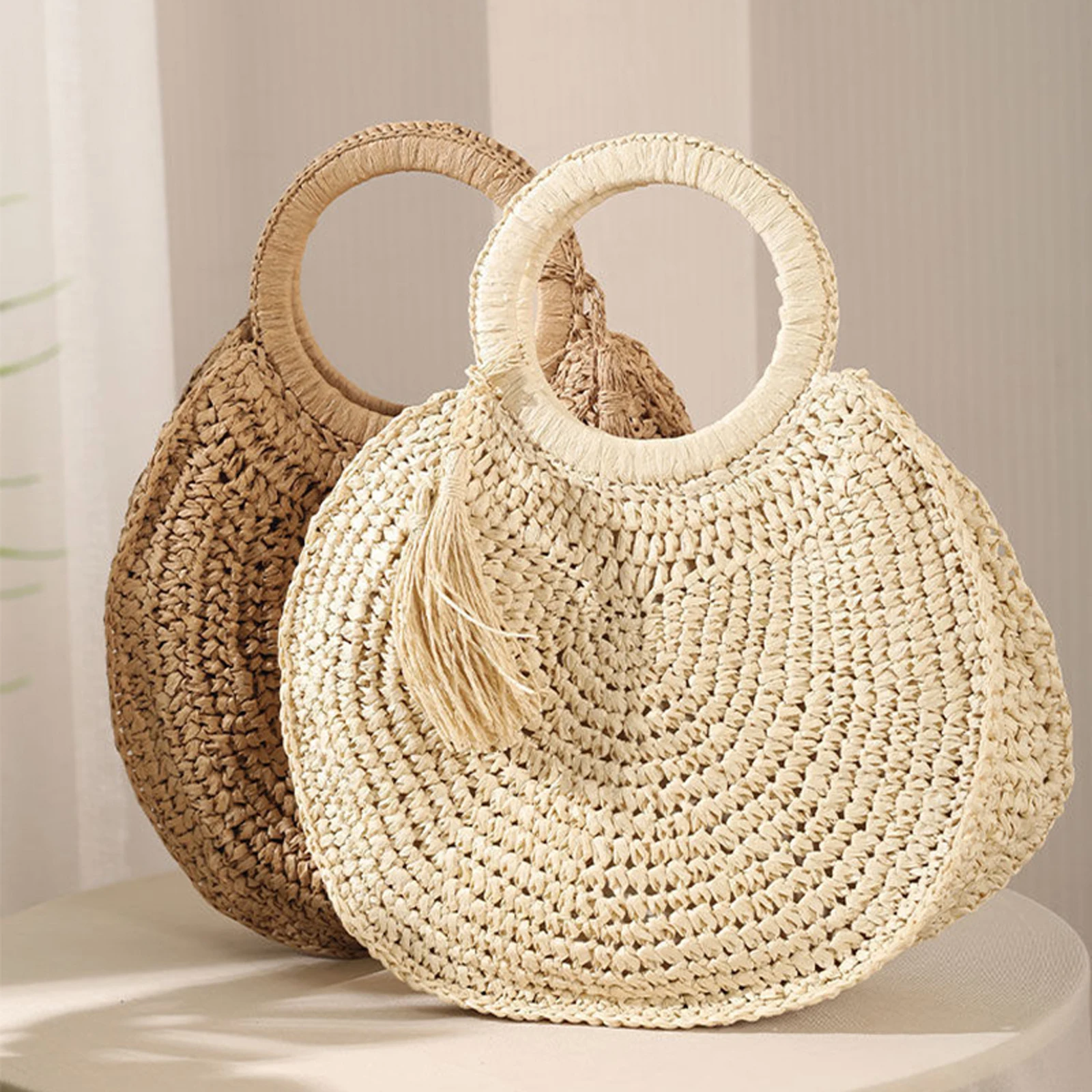 Women Summer Straw Tote Purses Lightweight Round Handle Woven Handbag with Tassel
Women Summer Straw Tote Purses Lightweight Round Handle Woven Handbag with Tassel