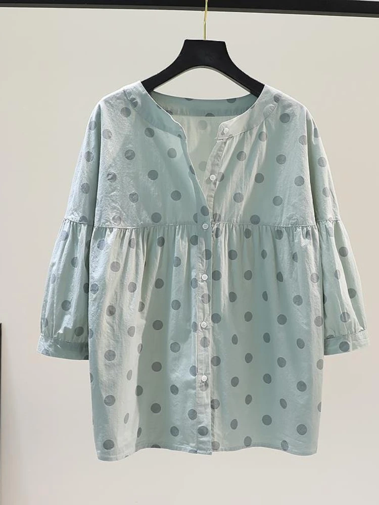 Блузка женская с круглым вырезом, х/б, в горошек 
Блузка женская с круглым вырезом, х/б, в горошек