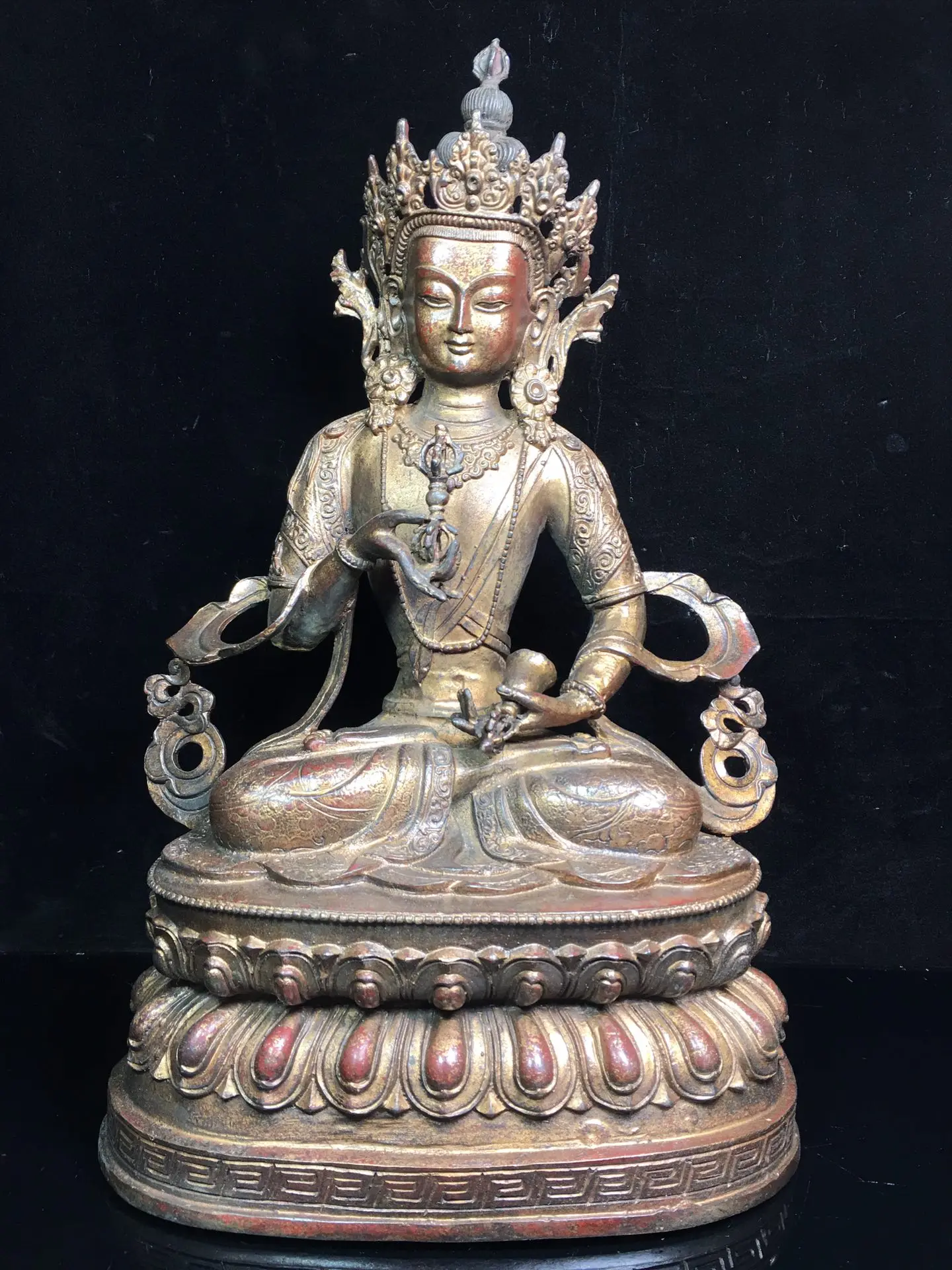15" Tibetan Temple Collection Old Bronze Cinnabar mud gold Vajrasattva Double Lotus Terrace worship buddha Town house Exorcism
15" Tibetan Temple Collection Old Bronze Cinnabar mud gold Vajrasattva Double Lotus Terrace worship buddha Town house Exorcism