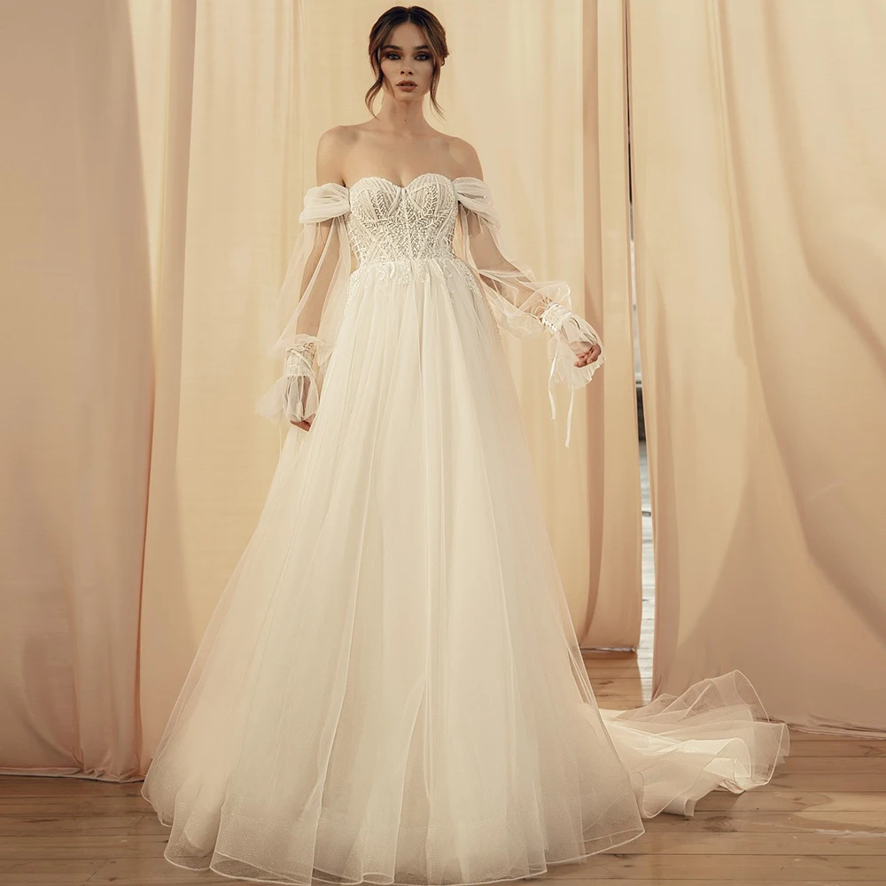 A-Line Wedding Dress 2022 Long Sleeves Off The Shoulder Sweetheart Tulle Bridal Gowns Lace Appliques Sequined Vestido De Noiva
A-Line Wedding Dress 2022 Long Sleeves Off The Shoulder Sweetheart Tulle Bridal Gowns Lace Appliques Sequined Vestido De Noiva