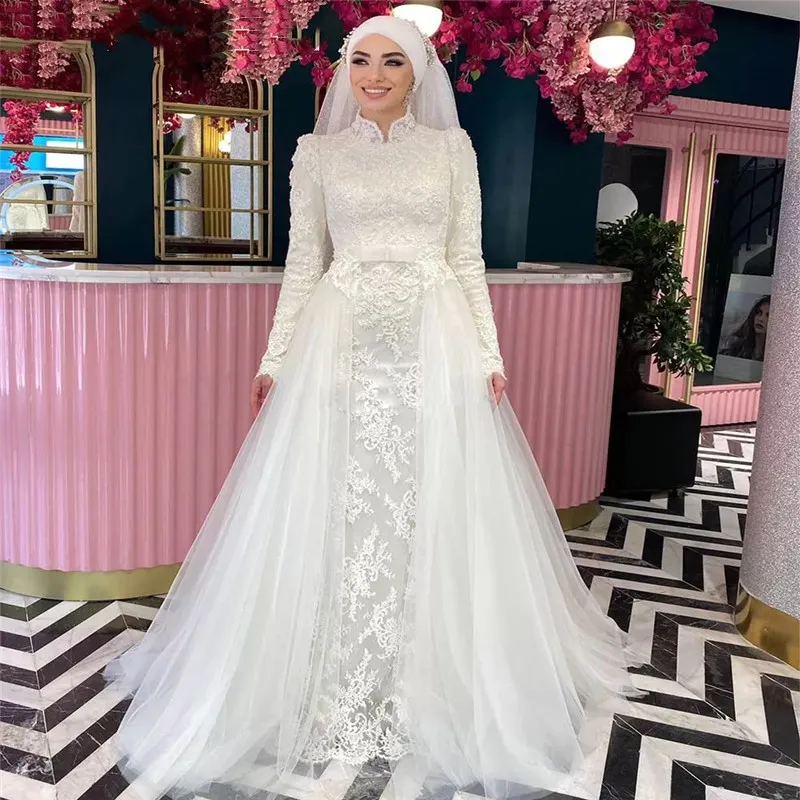 Vintage Lace Muslim Long Sleeves Wedding Dress 2023 For Women High Neck Sheath Bridal Gowns With Detachable Train فساتين Custom
Vintage Lace Muslim Long Sleeves Wedding Dress 2023 For Women High Neck Sheath Bridal Gowns With Detachable Train فساتين Custom