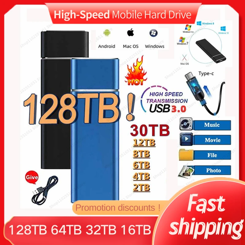 128TB SSD 64TB Mobile Solid State Drive Portable 32TB 8TB 4TB 2TB Hard Drive Storage Device Computer USB 3.1 Mobile Hard Drives
128TB SSD 64TB Mobile Solid State Drive Portable 32TB 8TB 4TB 2TB Hard Drive Storage Device Computer USB 3.1 Mobile Hard Drives
