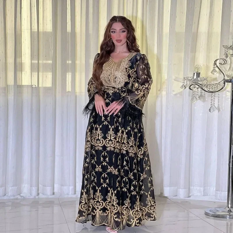 Dubai Gold Floral Embroidery Sequins Feathers Patchwork Long Sleeve V Collar Ethnic Party Gown With Sashes Eid Al-Adha
Dubai Gold Floral Embroidery Sequins Feathers Patchwork Long Sleeve V Collar Ethnic Party Gown With Sashes Eid Al-Adha