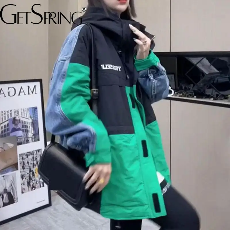 GetSpring Women Coat Denim Stitched Hooded Ladies Jacket Full Sleeve Color Matching Loose Casual Long Female Tops Autumn 2022
GetSpring Women Coat Denim Stitched Hooded Ladies Jacket Full Sleeve Color Matching Loose Casual Long Female Tops Autumn 2022
