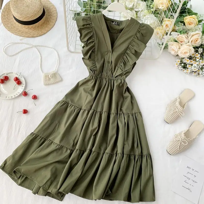 Fashion Flounced Edge V-Neck Summer Dress Women Casual Korean Solid Sleeveless High Waist Elegant Elastic A-Line Vintage Dress
Fashion Flounced Edge V-Neck Summer Dress Women Casual Korean Solid Sleeveless High Waist Elegant Elastic A-Line Vintage Dress