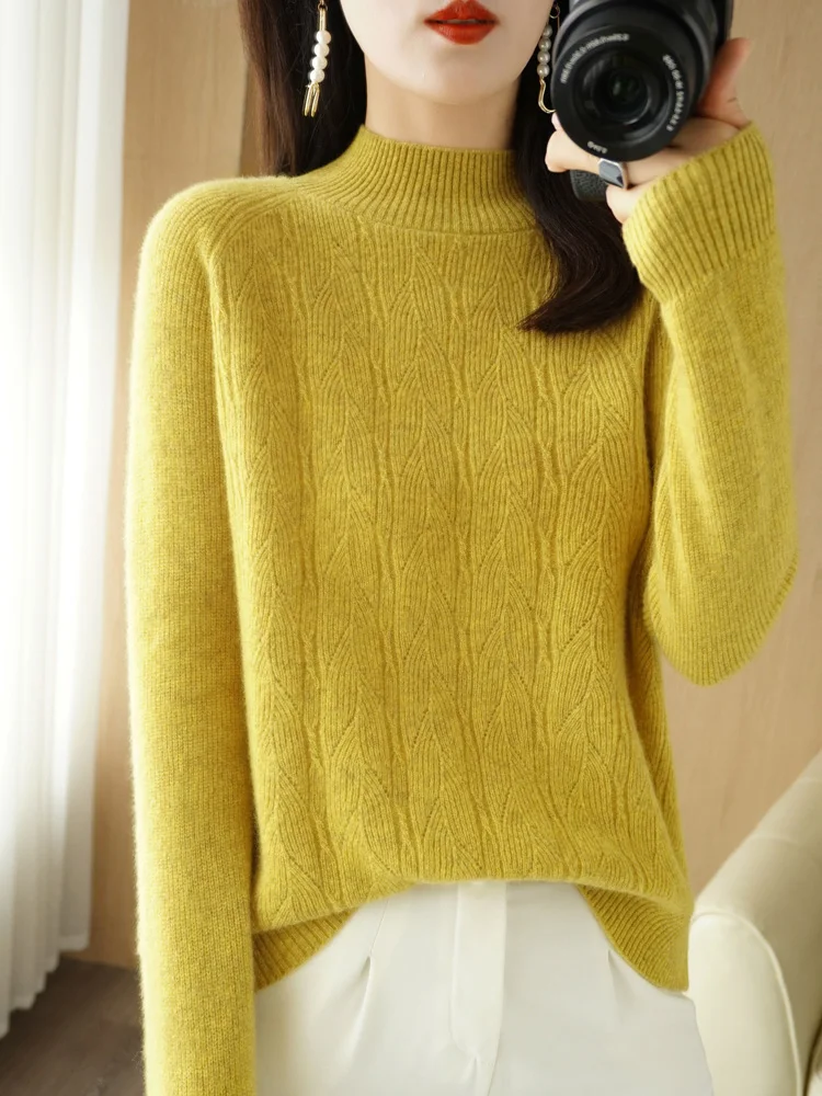 

Autumn Winter High Quality Women Mock-neck Raglan Sleeve Pullover Sweater 100% Merino Wool Twist Flower Cashmere Knitwear Tops