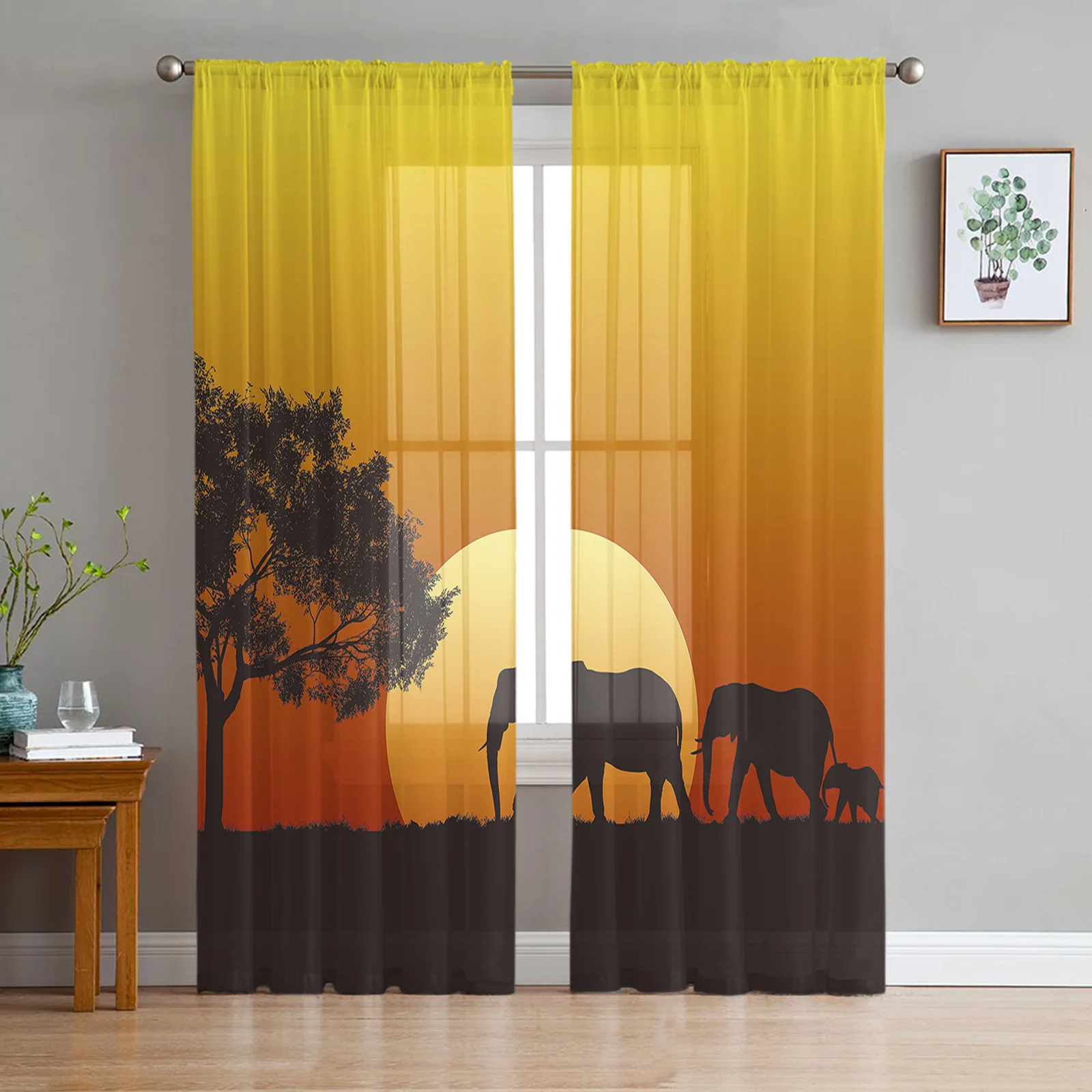 

African Animals Sunset Elephant Group Silhouettes Sheer Curtains for Living Room Bedroom Decor Window Voile Tulle Curtain Drapes